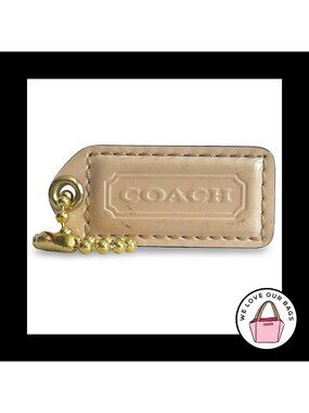 COACH Y2K VINTAGE Hang Tag 2" Beige Patent Leather Bag Charm Keychain Fob Brass